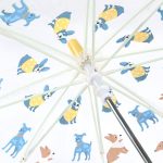 Kids umbrella with playful dog print and yellow polka dot design.