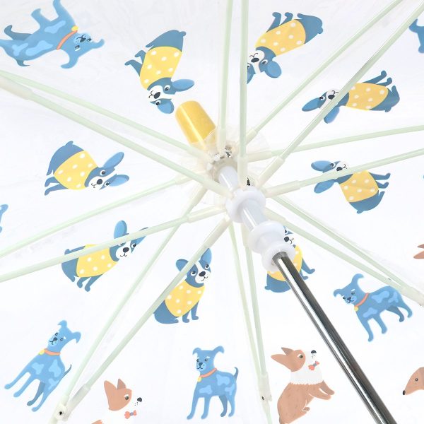 Kids umbrella with playful dog print and yellow polka dot design.