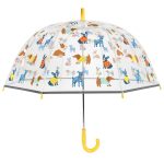 Childrens umbrella with colourful dog print and clear dome design.
