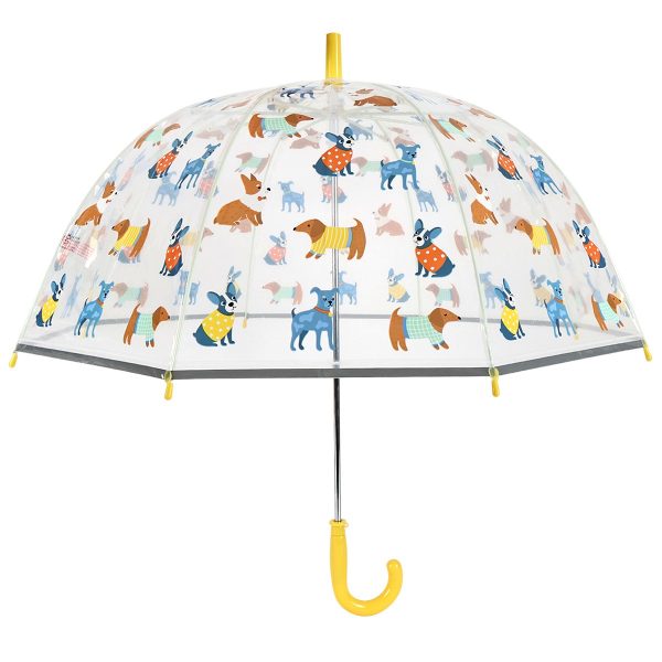 Childrens umbrella with colourful dog print and clear dome design.