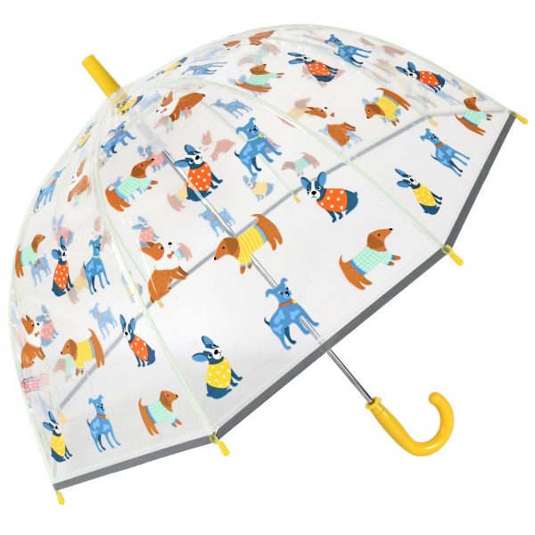 Childrens umbrella with colourful dog print and yellow handle.