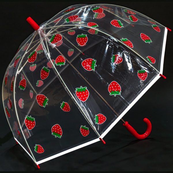 Clear children's umbrella with red strawberry print and red handle.