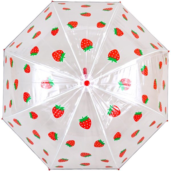 Clear dome umbrella with strawberry print for children.