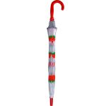 Childrens strawberry print clear dome umbrella with red handle.