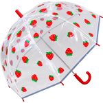 Clear umbrella with red strawberries print, perfect for kids.