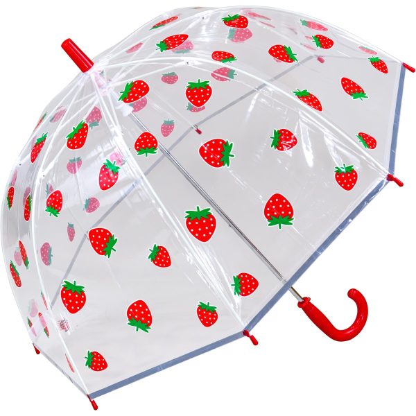 Clear umbrella with red strawberries print, perfect for kids.