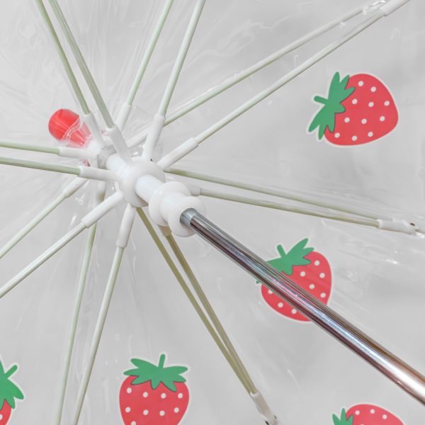 Children's umbrella with strawberry print design and clear dome canopy.