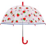 Children's clear umbrella with strawberry print and red handle.