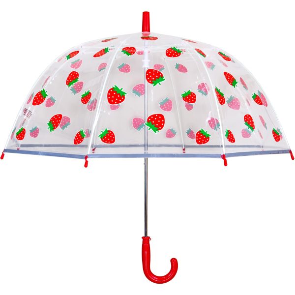 Children's clear umbrella with strawberry print and red handle.