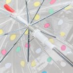 Clear dome umbrella with colourful polka dots and metal spokes.