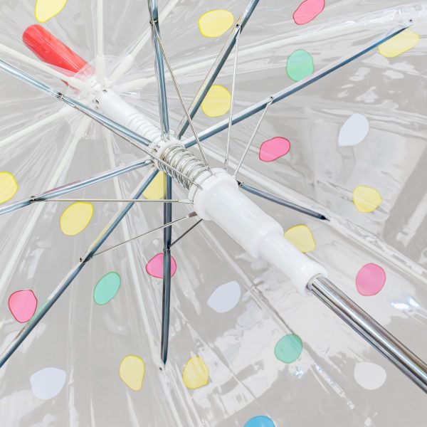 Clear dome umbrella with colourful polka dots and metal spokes.