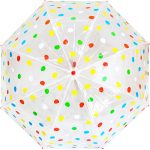 Polka dot umbrella with colourful spots on a clear background.