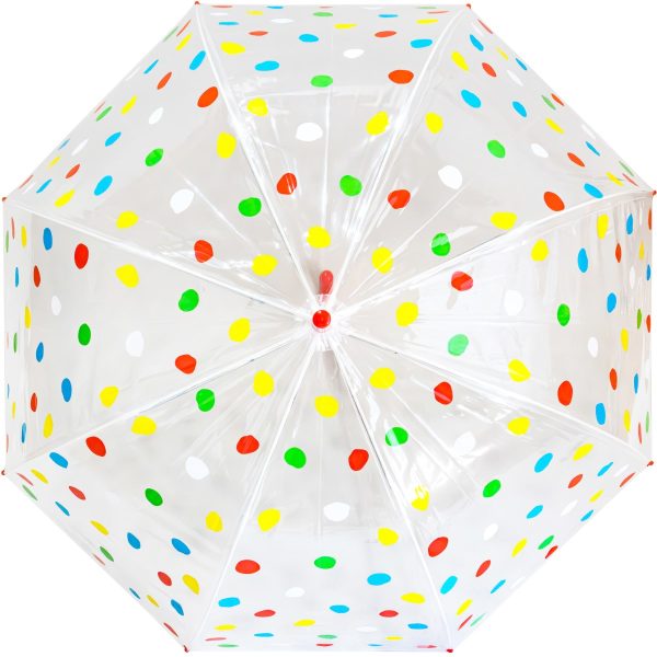 Polka dot umbrella with colourful spots on a clear background.