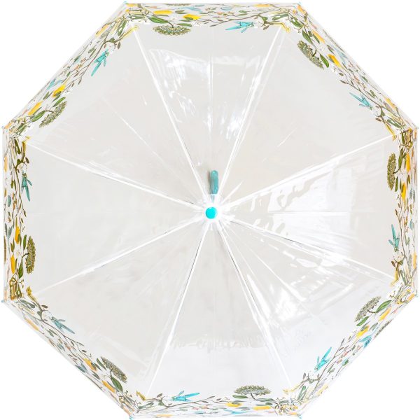 Clear dome umbrella with lemon and floral border design for outdoor protection.