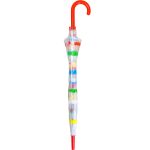 Colourful polka dot umbrella with a red hook handle.