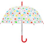 Polka dot print dome umbrella with red handle and shaft.