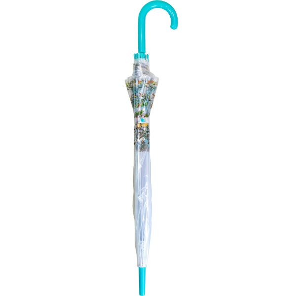 Childrens umbrella with a colourful cartoon pattern and a blue handle.