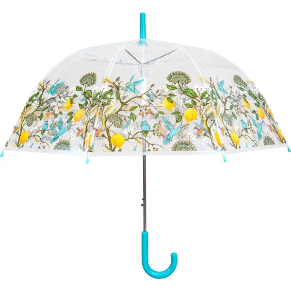 Clear dome umbrella with lemon and bird pattern for garden or outdoor use.
