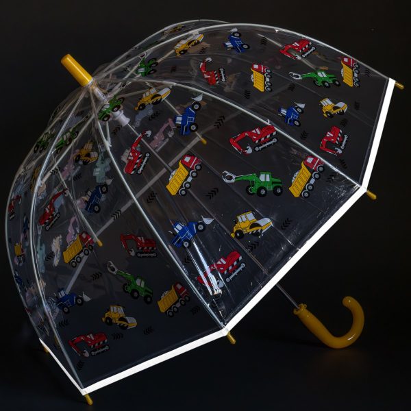 Clear children's umbrella with colourful digger and dump truck pattern.