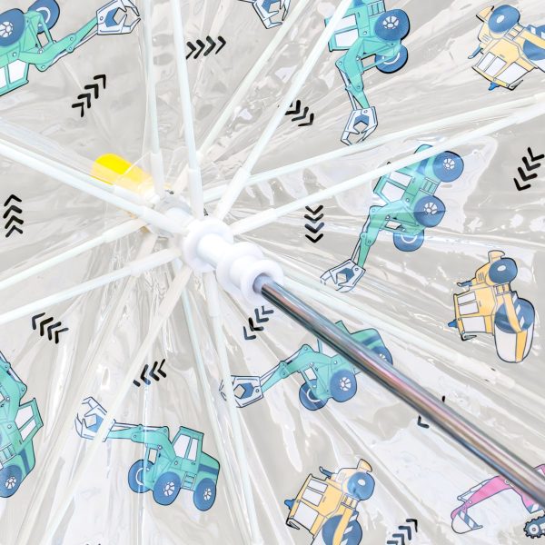 Kids' umbrella with digger and dump truck design for children.