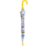 Childrens umbrella with digger and dump truck design, yellow handle and clear canopy.