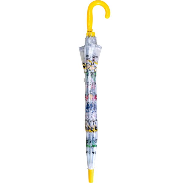 Childrens umbrella with digger and dump truck design, yellow handle and clear canopy.