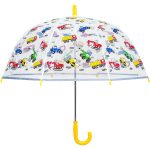 Kids' construction vehicle umbrella with colourful trucks and diggers design.