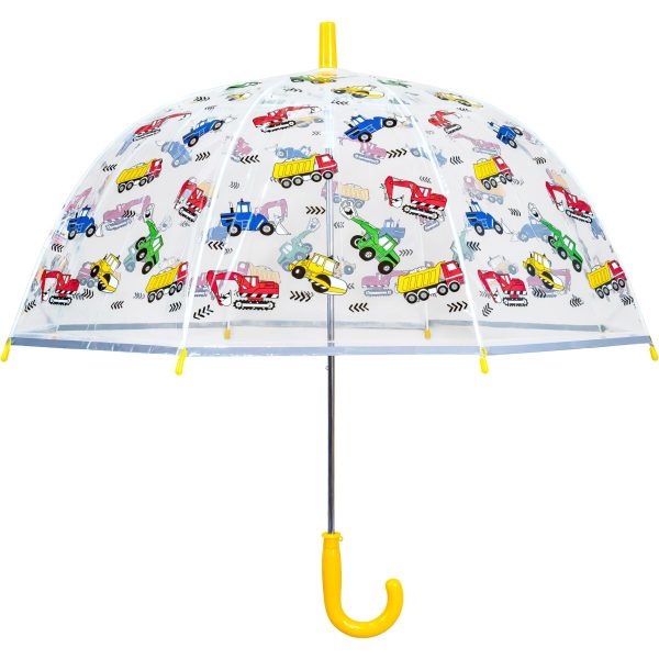 Kids' construction vehicle umbrella with colourful trucks and diggers design.