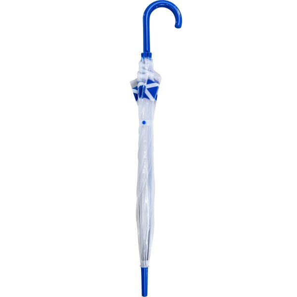 Clear umbrella with blue handle and accents, compact and portable.