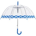 Clear dome umbrella with blue accents and hook handle for weather protection.