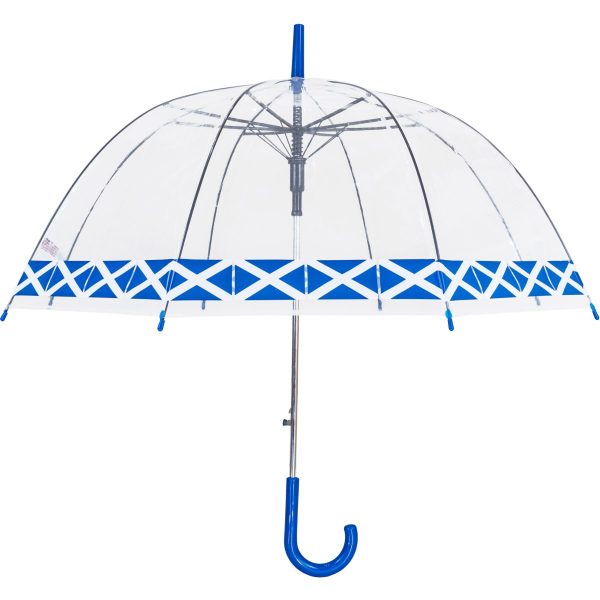 Clear dome umbrella with blue accents and hook handle for weather protection.
