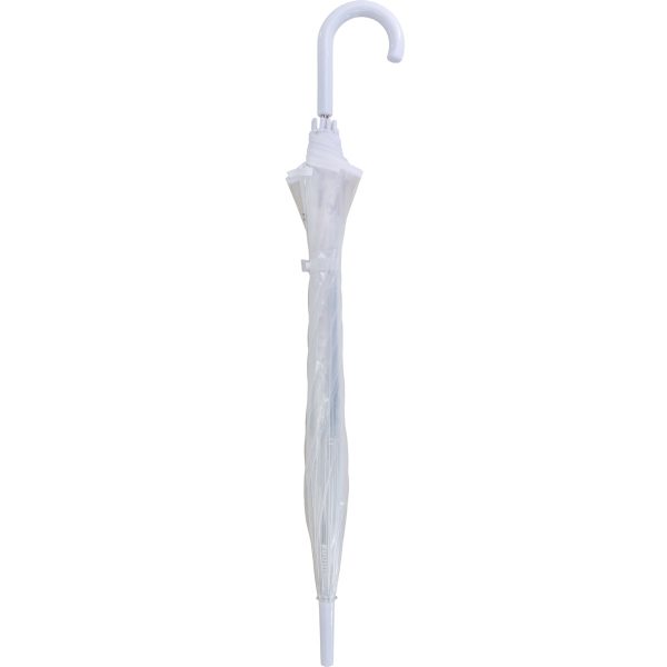 White compact umbrella with curved handle for easy carrying.