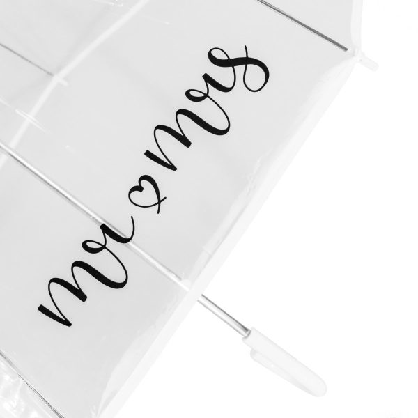 White umbrella with 'Mr & Mrs' text and heart symbol in black.