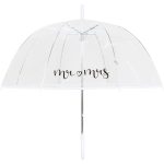 Clear dome umbrella with 'mr & ms' text for couples or weddings.