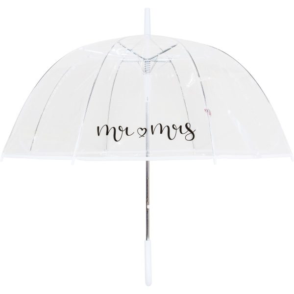 Clear dome umbrella with 'mr & ms' text for couples or weddings.