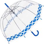 Clear dome umbrella with blue geometric pattern and J-shaped handle.