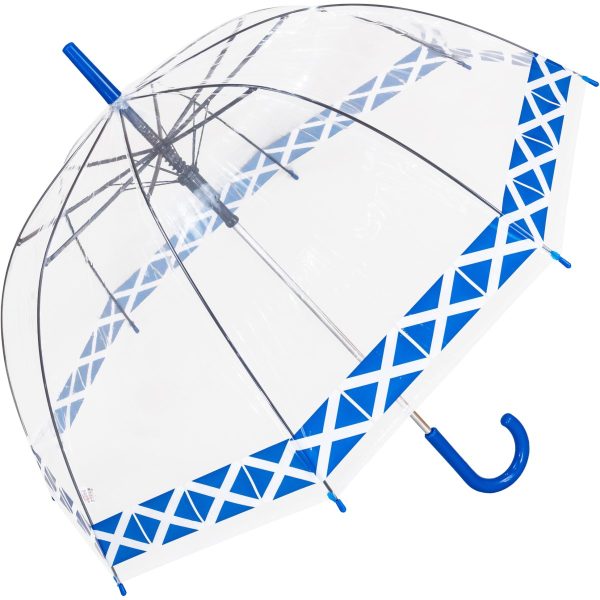 Clear dome umbrella with blue geometric pattern and J-shaped handle.