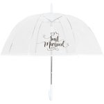 Clear umbrella with 'Just Married' text and heart design for wedding.