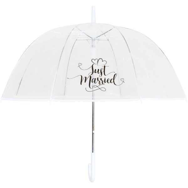 Clear umbrella with 'Just Married' text and heart design for wedding.