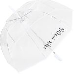 Clear dome umbrella with 'mr & mrs' text for wedding or gift use.