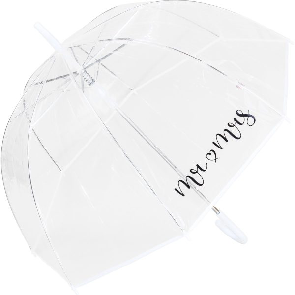 Clear dome umbrella with 'mr & mrs' text for wedding or gift use.