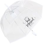 Clear wedding umbrella with 'Just Married' text and hearts for wedding day.