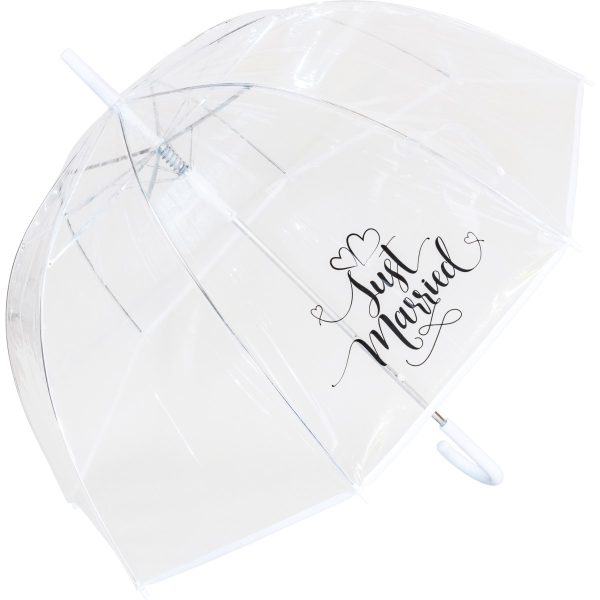 Clear wedding umbrella with 'Just Married' text and hearts for wedding day.