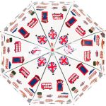Dome umbrella with UK-themed design featuring buses and Union Jack flags.