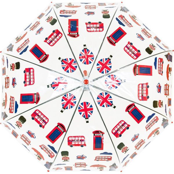Dome umbrella with UK-themed design featuring buses and Union Jack flags.