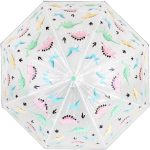 Kids umbrella with colourful pastel dinosaur pattern, perfect for children.