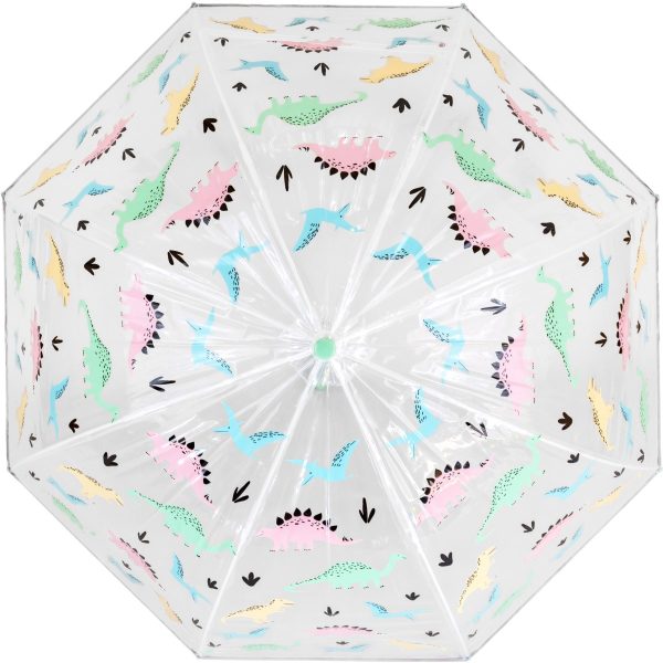Kids umbrella with colourful pastel dinosaur pattern, perfect for children.