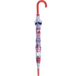 Clear umbrella with red hook handle and patriotic design.