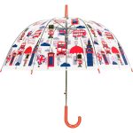Dome umbrella with London and UK-themed print, including Big Ben and Union Jack flags.