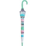 Colourful dinosaur-themed children's umbrella with pastel dome design.
